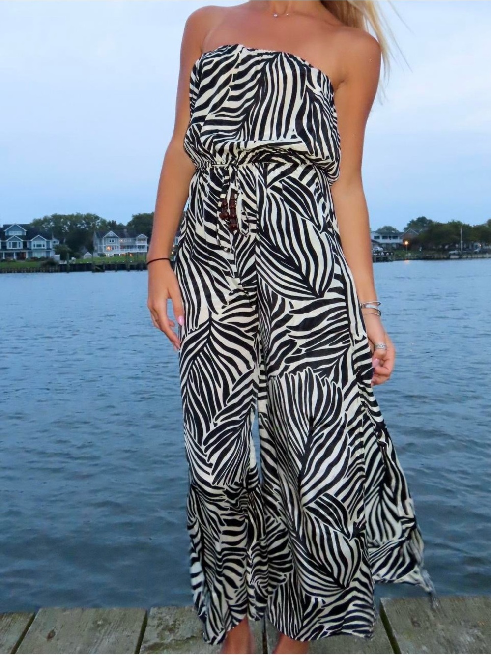 Strapless Zebra Print Wide-Leg Jumpsuit - Black & White